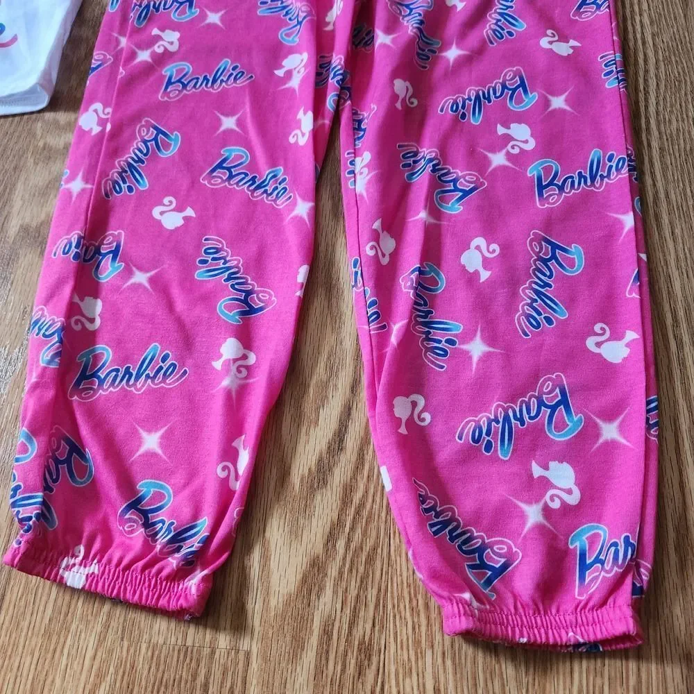 Barbie 2pc Pajamas Girls Size Medium 7-8 Long Pants Short Sleeve T-Shirt Top